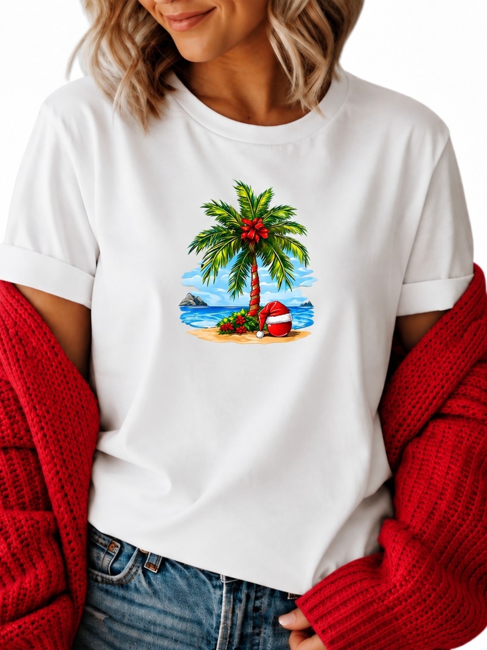 Gildan White Tee with Tropical Palm & Santa Hat Graphic